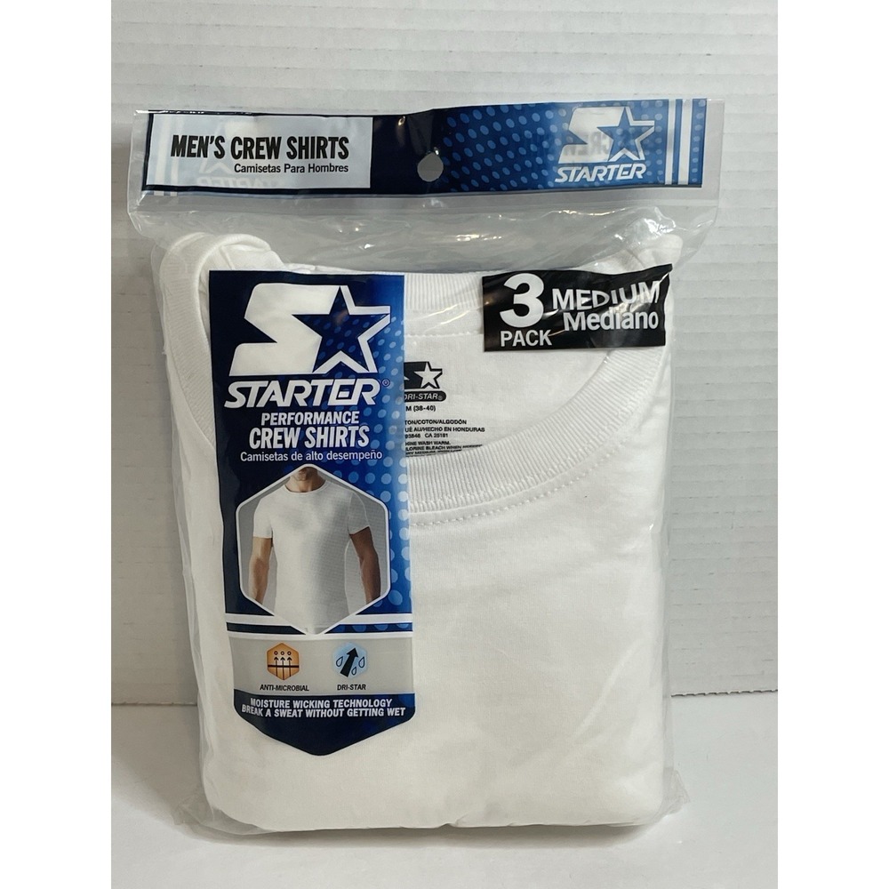 Starter Men's Performance Crew Shirts 3 Pk Moisture Wicking Medium 38-40 Cotton